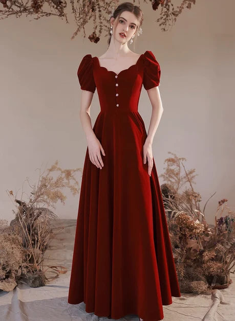 Burgundy Velvet A-Line Sweetheart Lace-Up-Back Floor-Length Dress