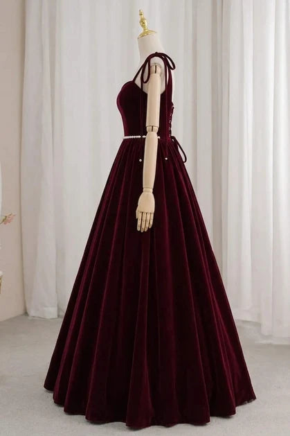 Burgundy Velvet A-Line Sweetheart Lace-Up Back Floor-Length Dress