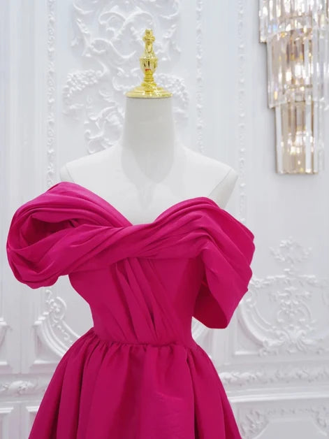 Fuchsia Satin A-Line Off-the-Shoulder Low-Back High-Low Dress