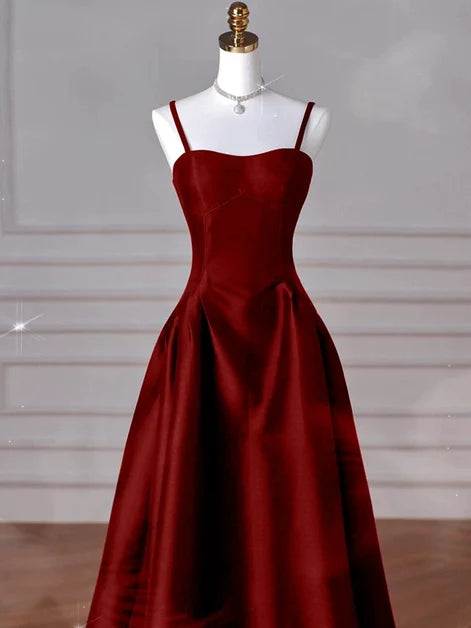 Burgundy Satin A-Line Sweetheart Lace-Up Back Floor-Length Dress