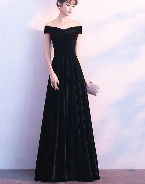 Classic A-line Off Shoulder Black Velvet Long Evening Dress