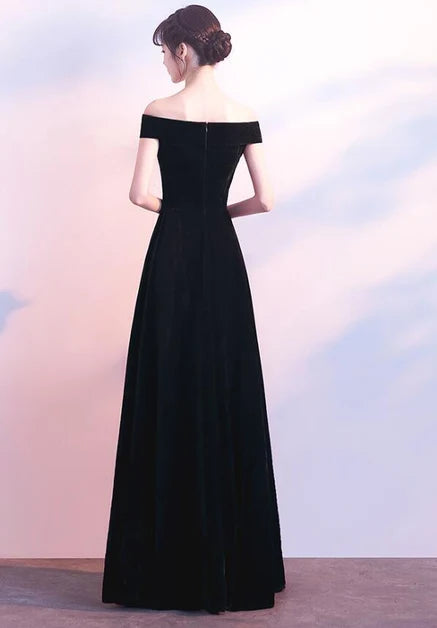 Classic A-line Off Shoulder Black Velvet Long Evening Dress