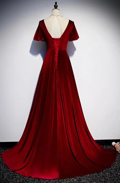 Elegant A-line V Neck Velvet Short Sleeve Lace Up Evening Gown