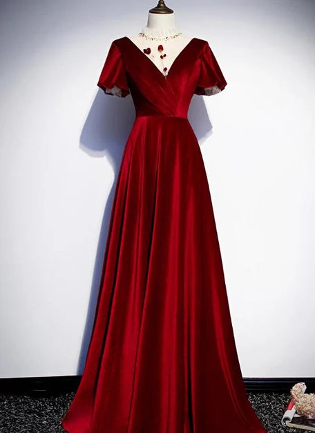 Elegant A-line V Neck Velvet Short Sleeve Lace Up Evening Gown