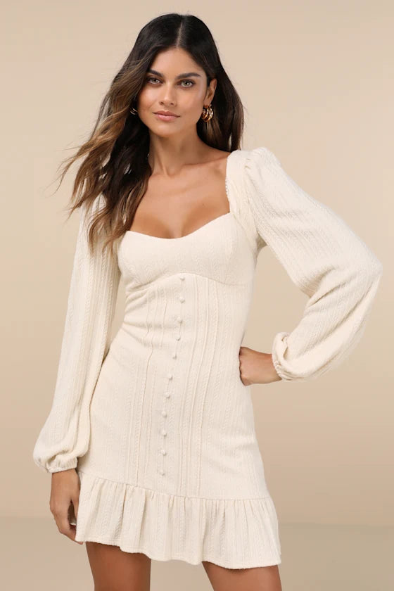 Ivory Stretch Knit A-Line Sweetheart Scoop Back Mini Dress