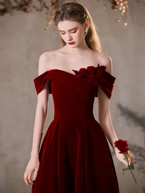 Burgundy Velvet A-Line Off-the-Shoulder Lace-up Back Floor-Length Dress