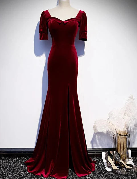 Burgundy Velvet Mermaid Prom Dress Square Neck Short Sleeves Front Slit