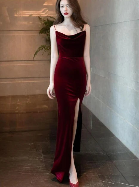 Burgundy Cowl Neck Velvet Mermaid Prom Dress Spaghetti Straps Pearl Chain Back Slit