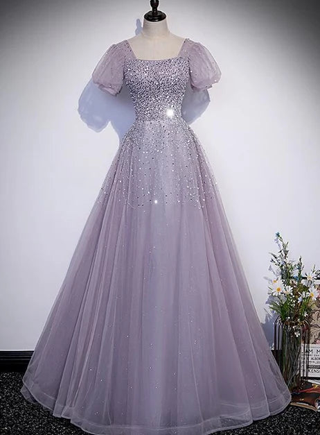 Dusty Lavender Square Neck Puff Sleeve Sequin Tulle A Line Prom Dress Corset Back