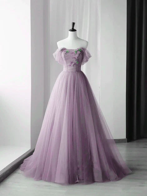 Lavender Off The Shoulder Floral Tulle A Line Prom Dress