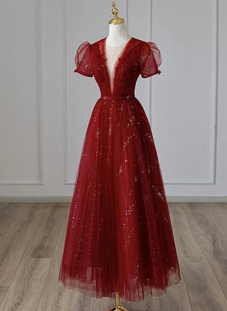 Red V Neck Puff Sleeve Glitter Tulle Ankle Length Prom Dress