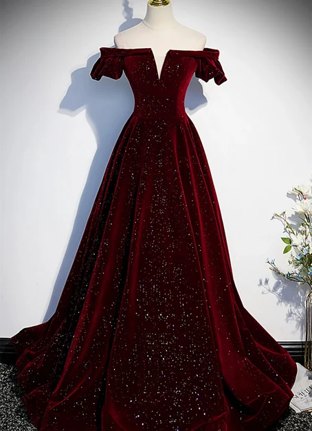 Burgundy Off Shoulder Puff Sleeve Sparkle Velvet Prom Dress With Train
