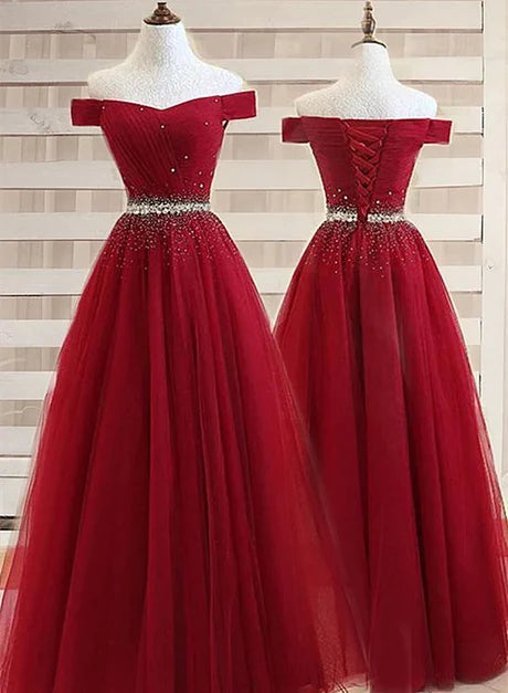 Red Off Shoulder Tulle Gown Crystal Beaded Waist Corset Back