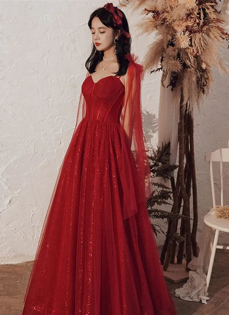 Red Spaghetti Strap Corset Glitter Tulle Prom Dress With Tulle Cape