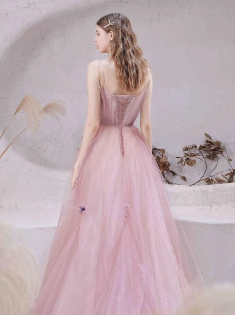 Blush Pink Spaghetti Strap Tulle Prom Dress With 3D Butterfly Appliques
