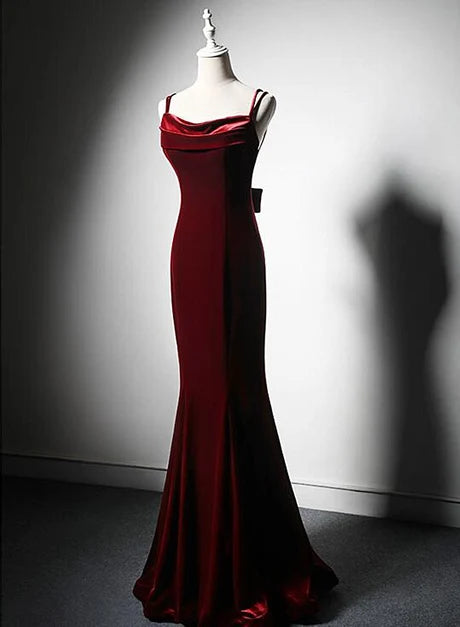 Elegant Mermaid Cowl Neck Spaghetti Strap Bow Back Long Prom Dress