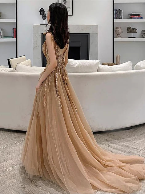 Romantic A-line V Neck Spaghetti Strap Lace Up Back Train Prom Dress