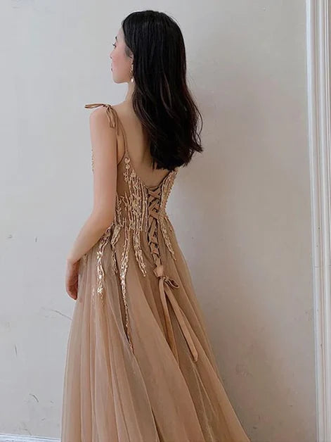Romantic A-line V Neck Spaghetti Strap Lace Up Back Train Prom Dress