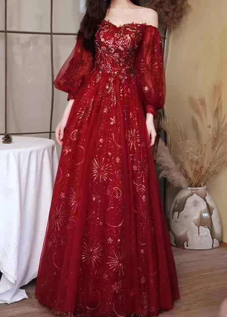 Dreamy A-line Square Puff Sleeve Lace Up Back Long Prom Dress