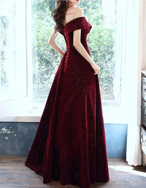 Sparkly A-line Off Shoulder Short Sleeve Lace Up Back Long Prom Dress