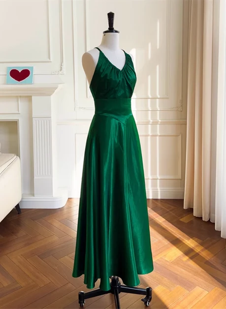 Emerald Green Satin A-Line V-Neck Criss-Cross Back Floor-Length Dress