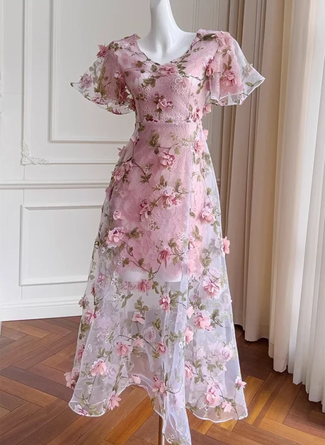 Dusty Rose Mesh with 3D Floral Appliques A-Line V-Neck Ankle-Length Dress