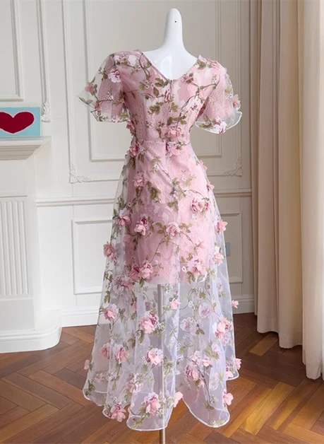 Dusty Rose Mesh with 3D Floral Appliques A-Line V-Neck Ankle-Length Dress