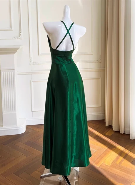 Emerald Green Satin A-Line V-Neck Criss-Cross Back Floor-Length Dress