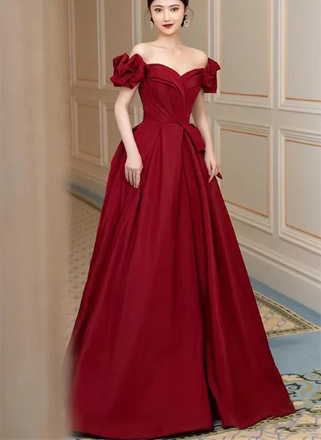 Burgundy Satin A-Line Off-the-Shoulder V-Back Floor-Length Dress