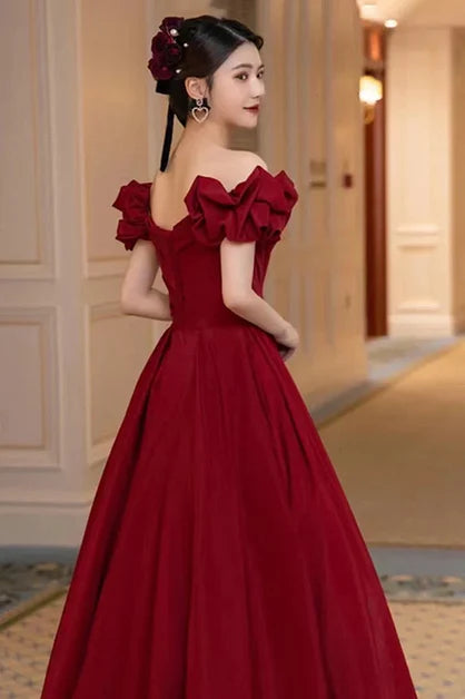 Burgundy Satin A-Line Off-the-Shoulder V-Back Floor-Length Dress