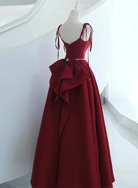 Burgundy Satin A-Line Sweetheart Lace-Up Back Floor-Length Dress