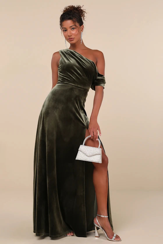 Olive Green Velvet A-Line One Shoulder Zipper Back Floor Length Dress