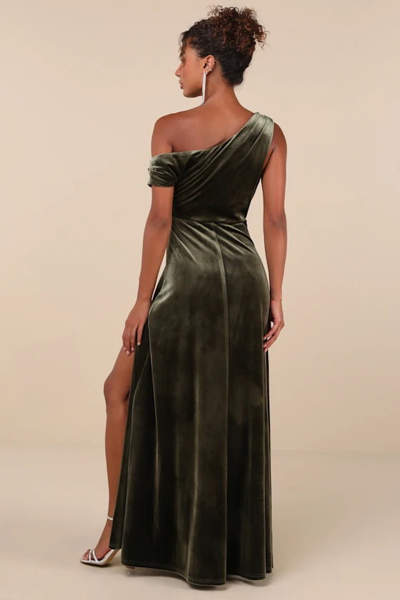Olive Green Velvet A-Line One Shoulder Zipper Back Floor Length Dress