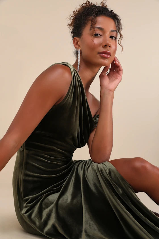Olive Green Velvet A-Line One Shoulder Zipper Back Floor Length Dress