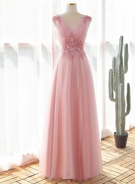 Blushing Pink Tulle A-Line V-Neck Lace-up Floor-Length Dress