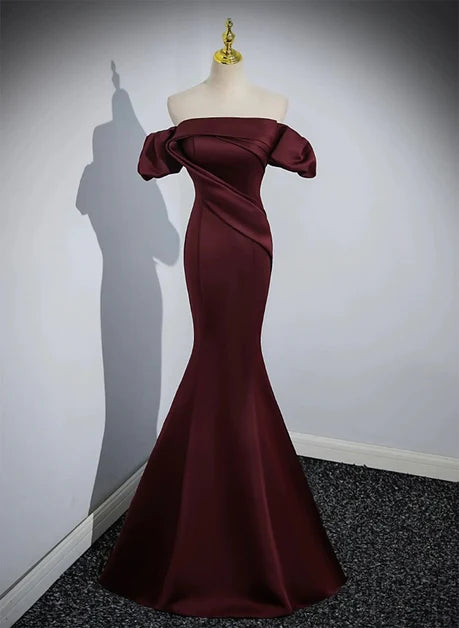 Burgundy Satin Mermaid Off-the-Shoulder Lace-Up Back Floor-Length Dress