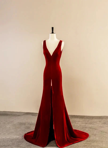 Burgundy Velvet Sheath Plunging V-Neck Low V-Back Floor-Length Dress
