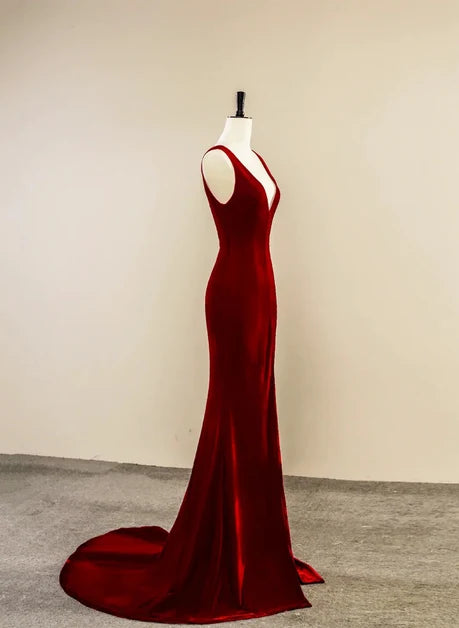 Burgundy Velvet Sheath Plunging V-Neck Low V-Back Floor-Length Dress