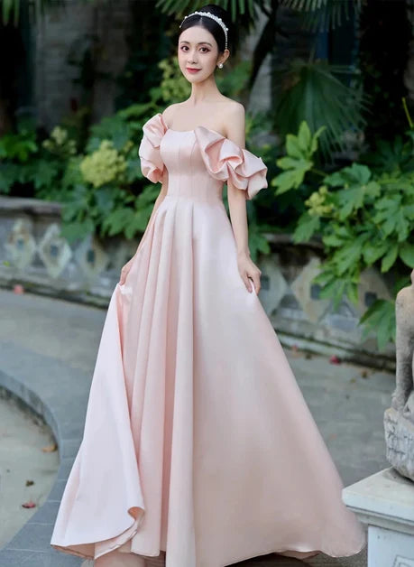 Blushing Pink Satin A-Line Off-the-Shoulder Zipper-Back Floor-Length Dress