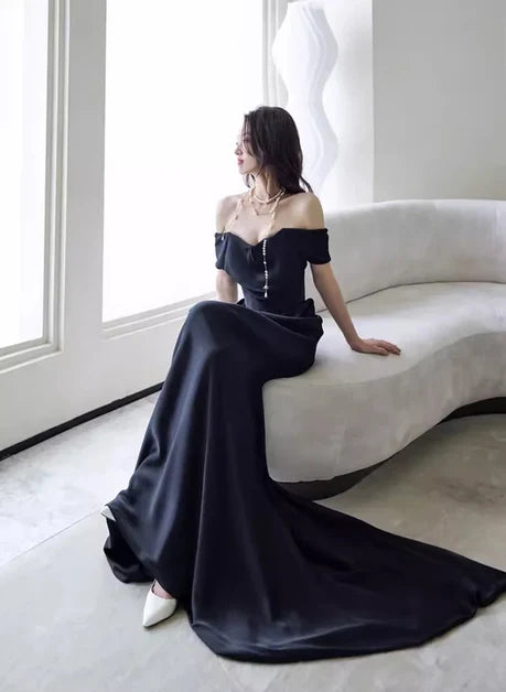 Black Satin Sheath Off-the-Shoulder Zipper Back Floor-Length Dress