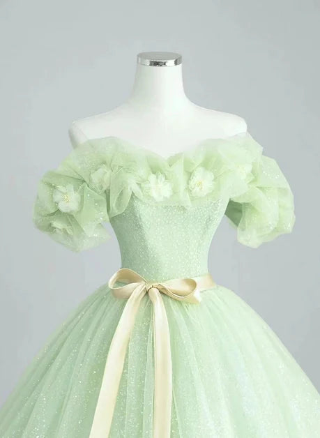 Mint Green Glitter Tulle ball-gown off-the-shoulder floor-length Dress
