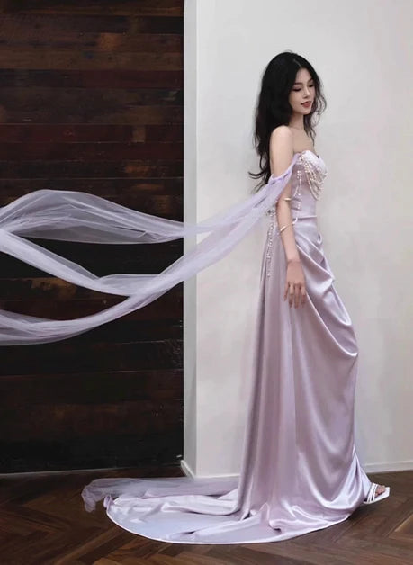 Lilac Satin Tulle Sheath Sweetheart Zipper Back Floor-Length Dress