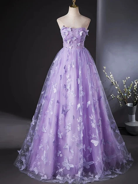 Lavender Tulle Ball Gown Strapless Lace-Up Back Floor-Length Dress