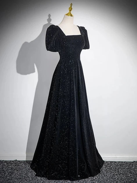 Black Glitter Velvet A-Line Square Neck Lace-Up Back Floor-Length Dress