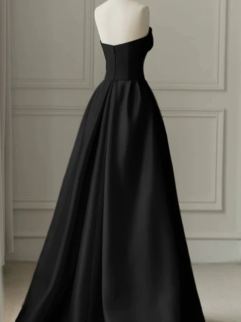 Black Satin A-Line Strapless Zipper Back Floor Length Dress