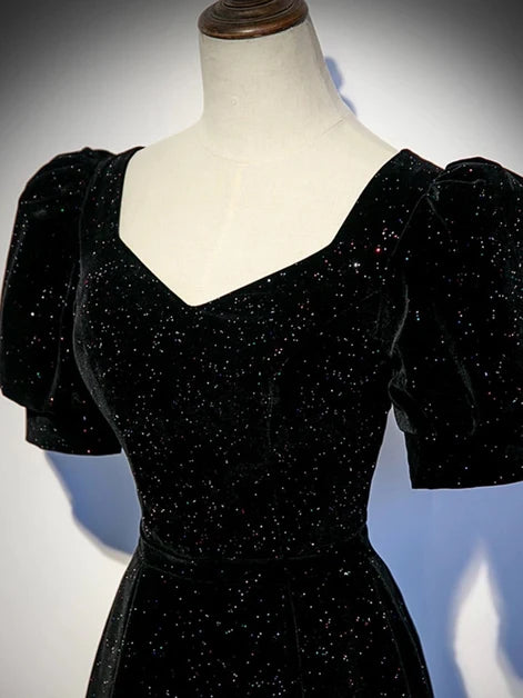 Black Glitter Velvet A-Line Sweetheart Lace-Up Back Floor-Length Dress