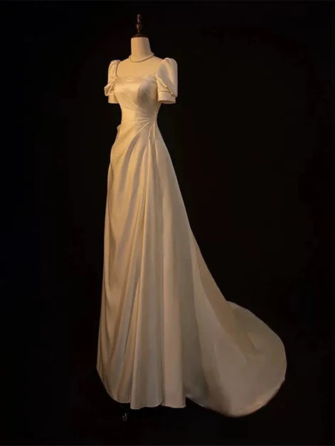 Ivory Satin A-Line Square Neck Lace-Up Back Floor-Length Dress