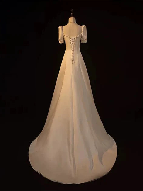 Ivory Satin A-Line Square Neck Lace-Up Back Floor-Length Dress