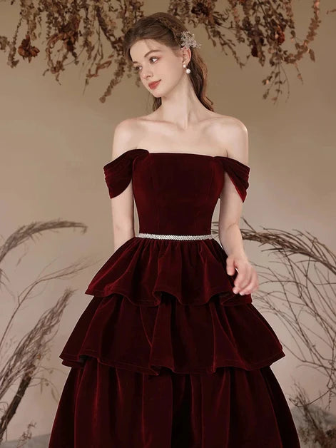 Burgundy Velvet Tiered Off-the-Shoulder Lace-Up Back Floor-Length Dress