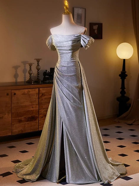 Silver Glitter Fabric A-Line Off-the-Shoulder Lace-Up Back Floor-Length Dress